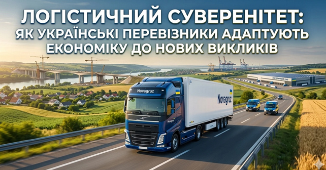 Сучасна вантажівка на фоні інфраструктури та логістичного хабу в Україні, що символізує вантажоперевезення та економічну стійкість